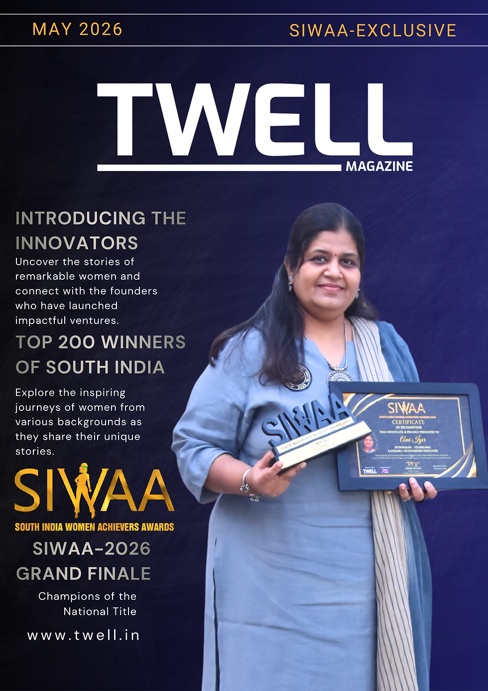 Ami Iyer receiving the SIWAA 2026 Outstanding Educator award on stage.
