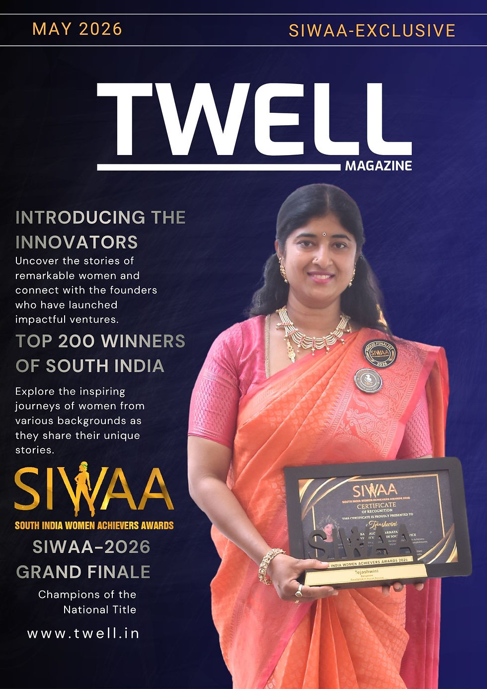 Tejashwini receiving SIWAA 2026 Excellence in Social Service Award for contributions to women's empowerment, community welfare, and social justice.