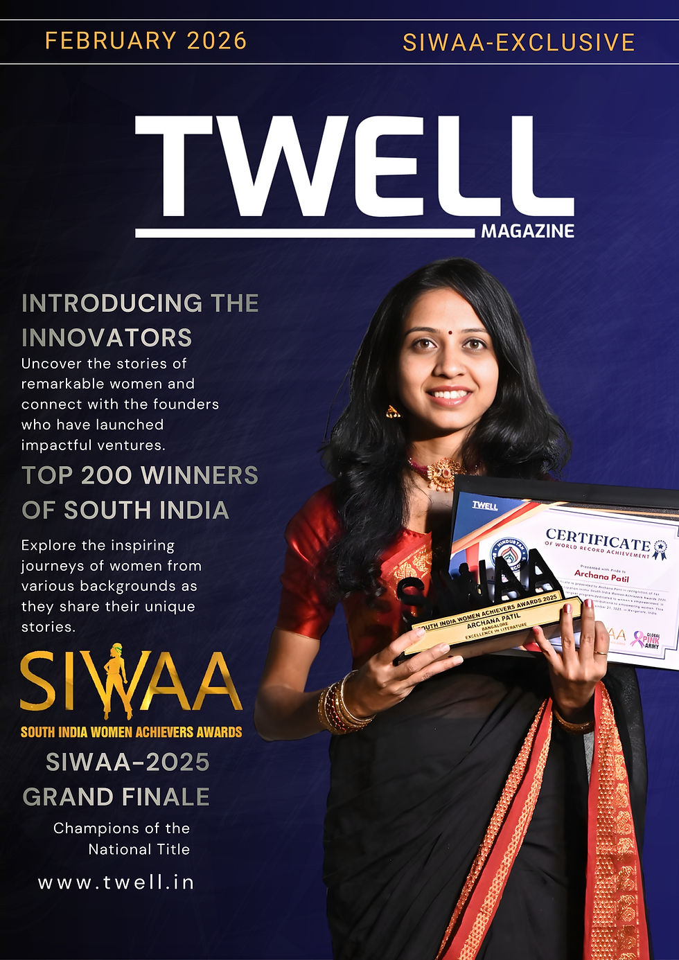 Archana Patil receives SIWAA 2025 Excellence in Literature award on stage, Kannada author holding trophy with books backdrop.