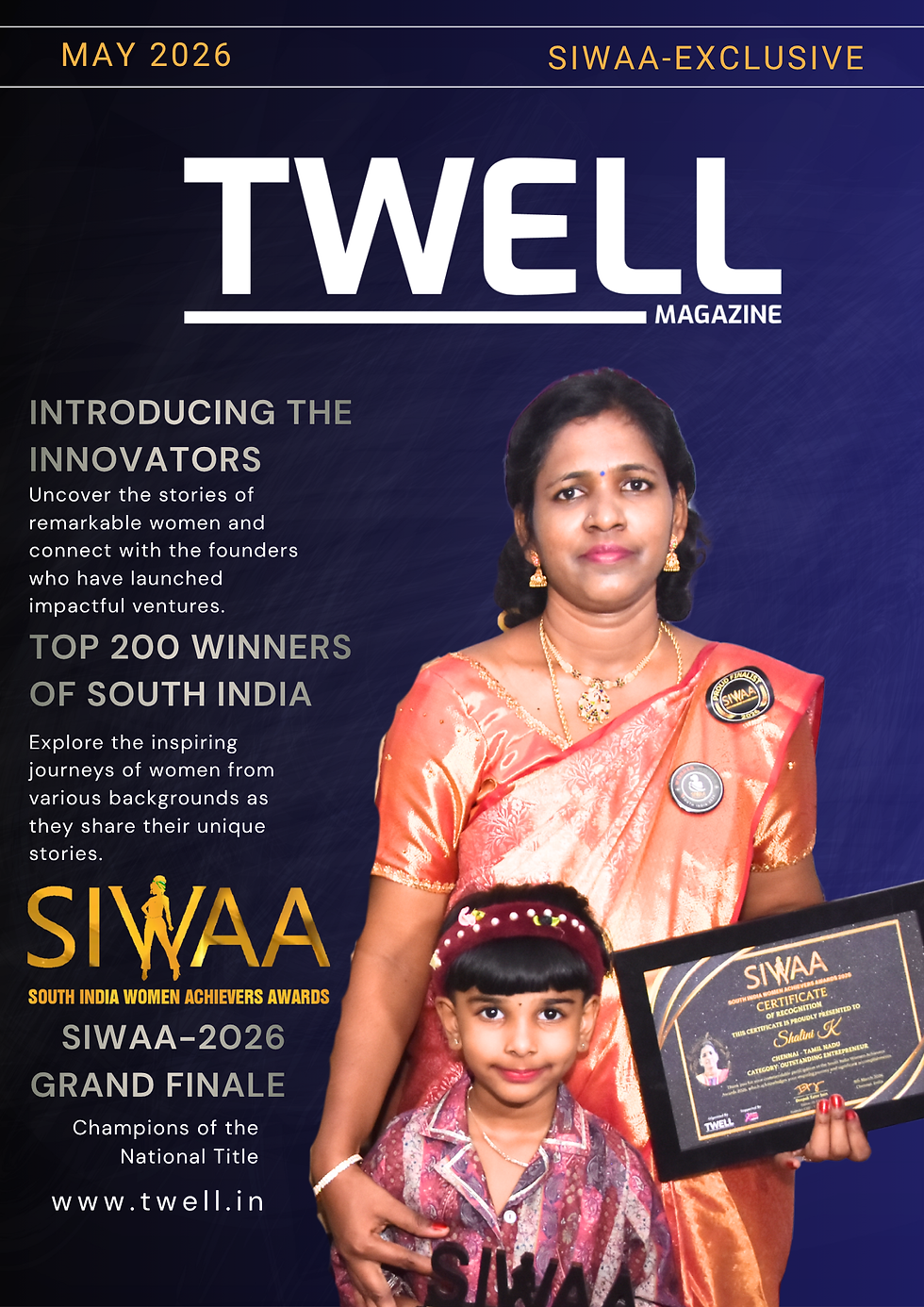 Shalini K holding the SIWAA 2026 Outstanding Entrepreneur award trophy on stage.