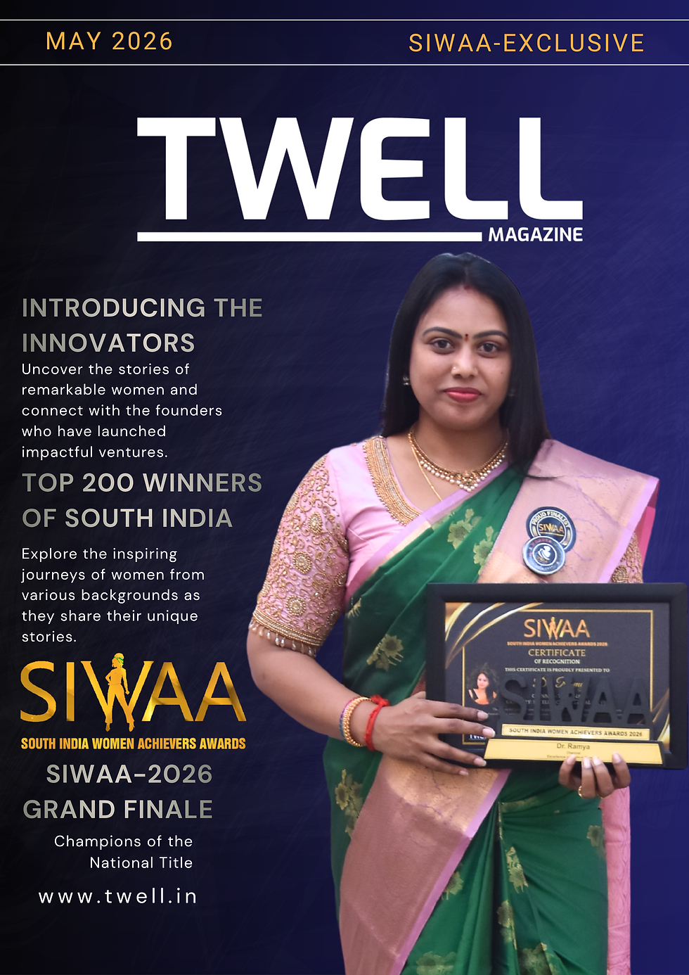 Dr. Ramya holding the SIWAA 2026 Medical Excellence award trophy on stage.