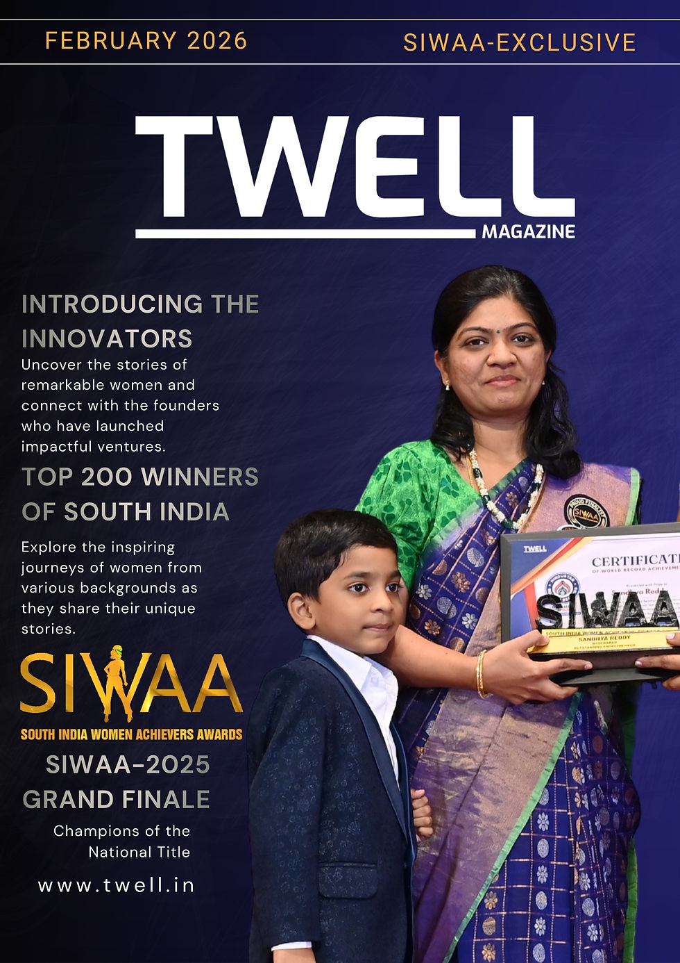 Sandhya Reddy accepting the Outstanding Entrepreneur trophy on stage at SIWAA awards ceremony, surrounded by event branding and applauding audience.