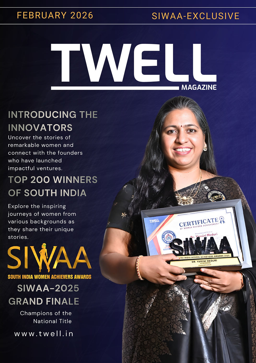 Dr. Yamini Meduri, SIWAA Changemaker awardee, speaks passionately on stage at South India Women Achievers Awards in Hyderabad, with Y-Mindset branding and innovation graphics behind her.