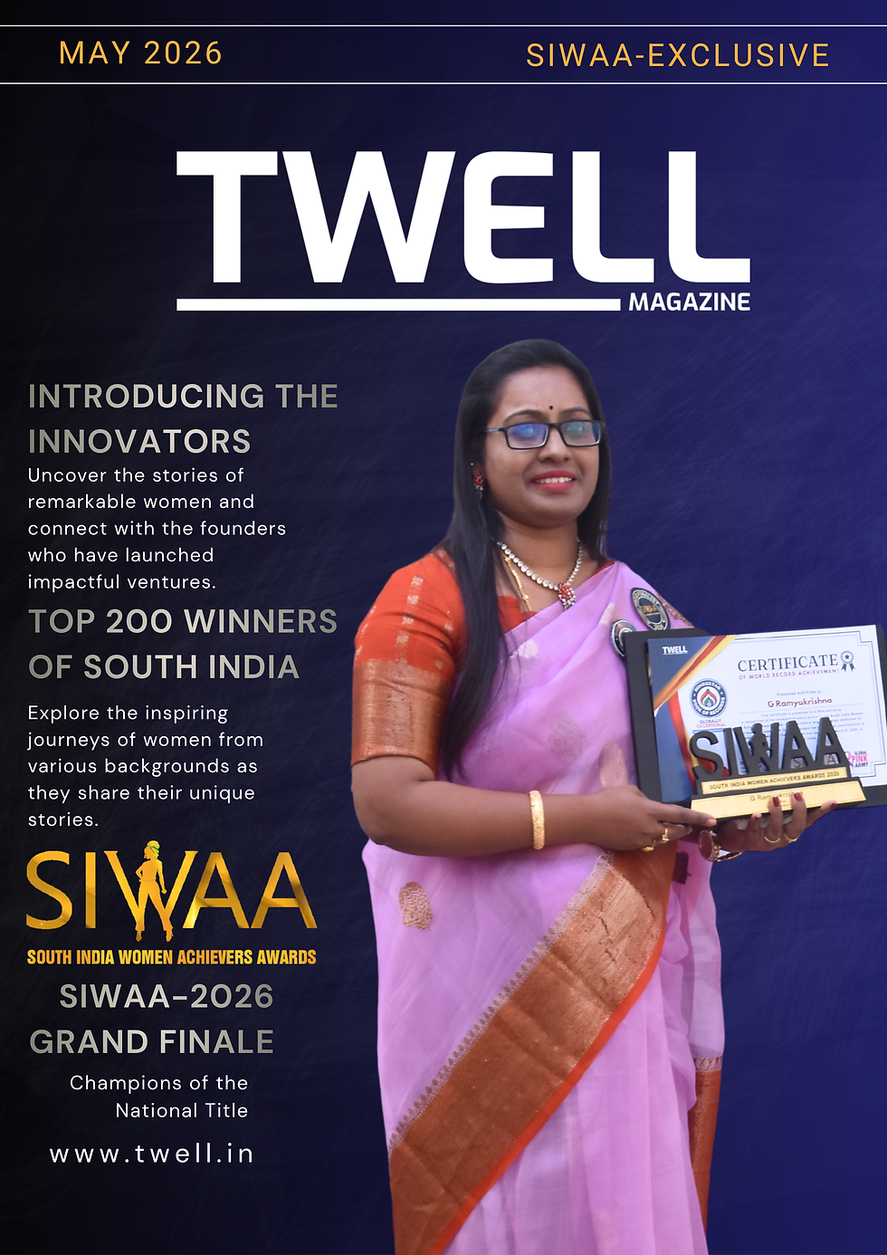 G Ramyakrishna holding the SIWAA 2026 Changemaker award trophy on stage.