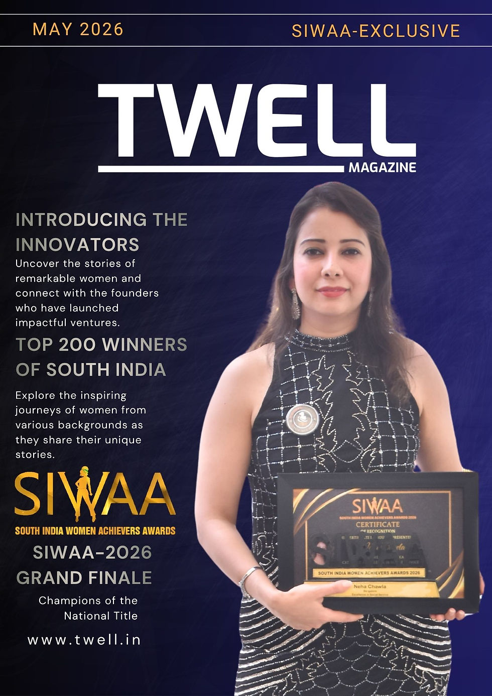 Neha Chawla receiving SIWAA 2026 Excellence in Social Service Award for contributions to digital education, social entrepreneurship, and community empowerment.
