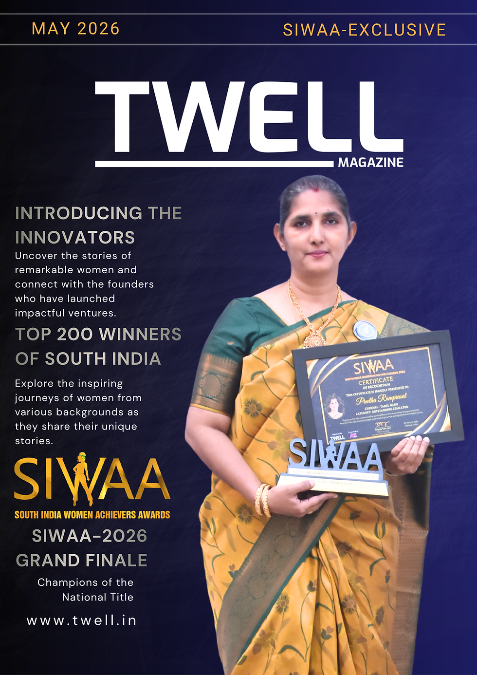 Preetha Ramprasat receiving the SIWAA 2026 Outstanding Educator award on stage.