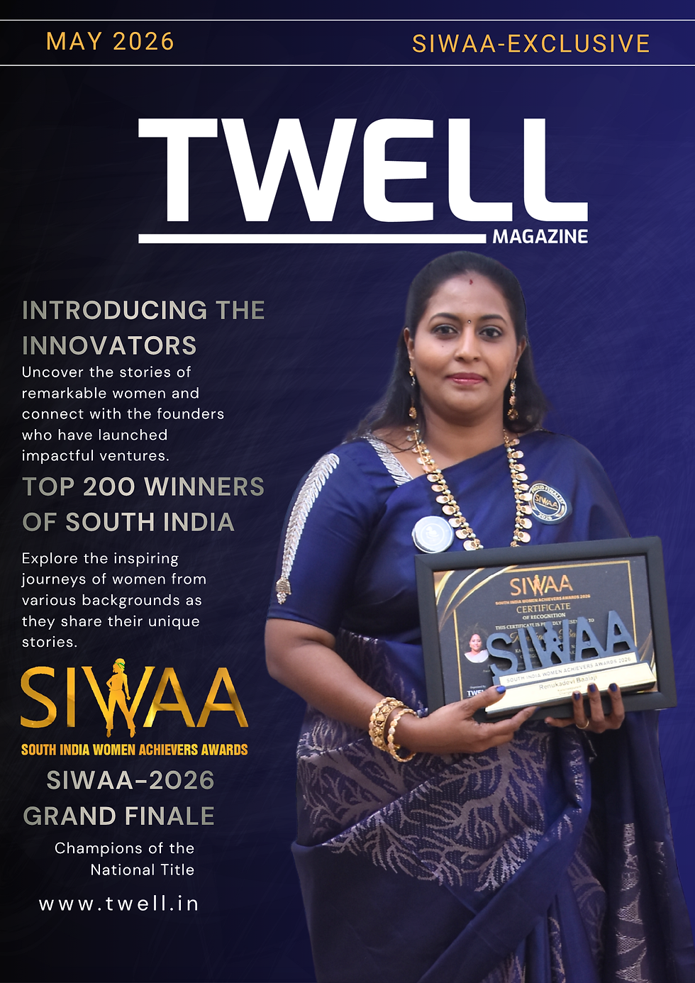 Renukadevi Baalaji holding the SIWAA 2026 Changemaker award trophy on stage