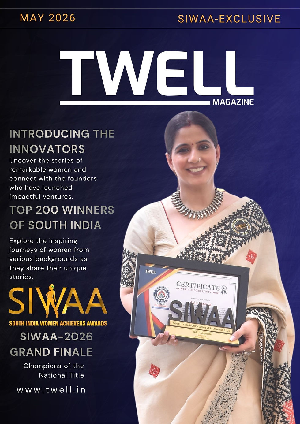 Aditi Bhonsle receiving SIWAA 2026 Outstanding Artist Award for contributions to hand embroidery, fashion design, and cultural preservation.