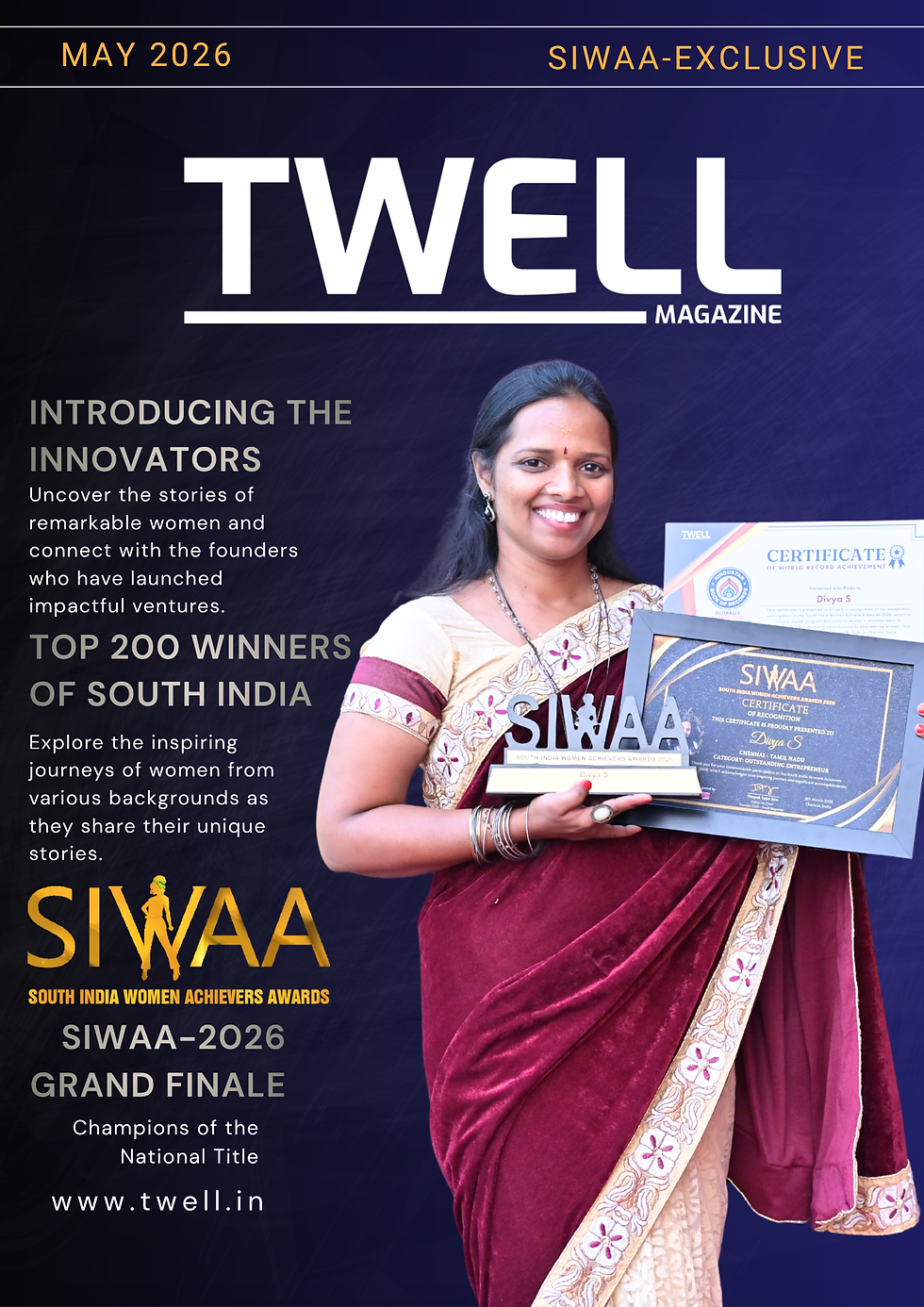 Divya S holding the SIWAA 2026 Outstanding Entrepreneur award trophy on stage.