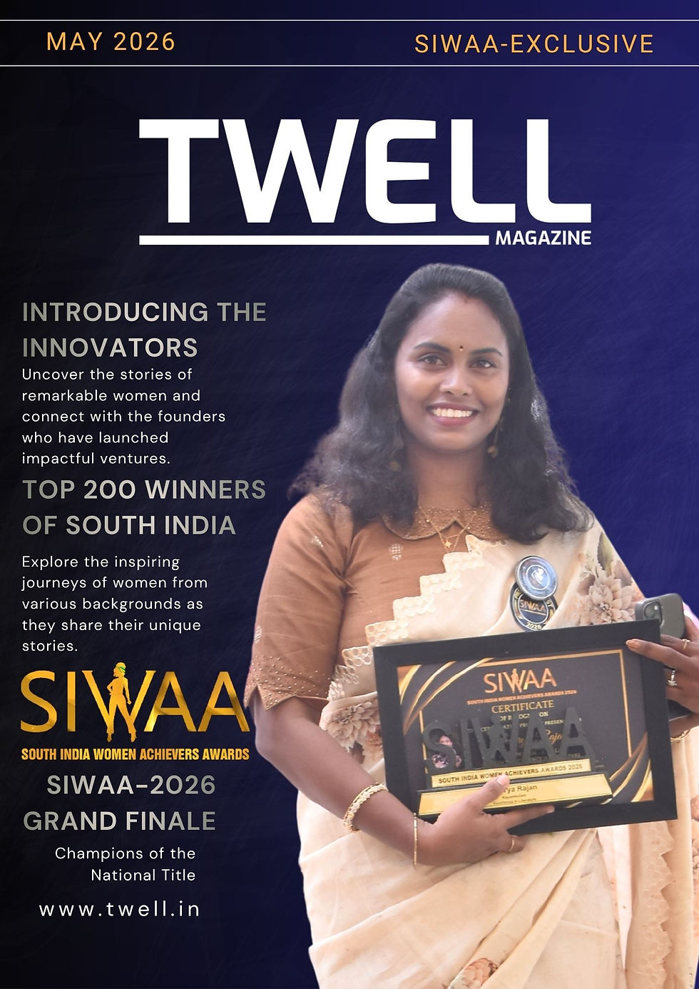 Soorya Rajan holding the SIWAA 2026 Excellence in Literature award trophy on stage.