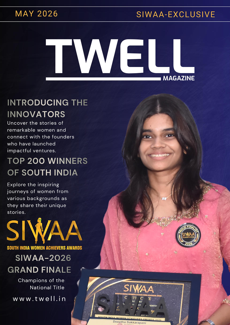 Deeptha Sakkarapani holding the SIWAA 2026 Outstanding Entrepreneur award trophy on stage.