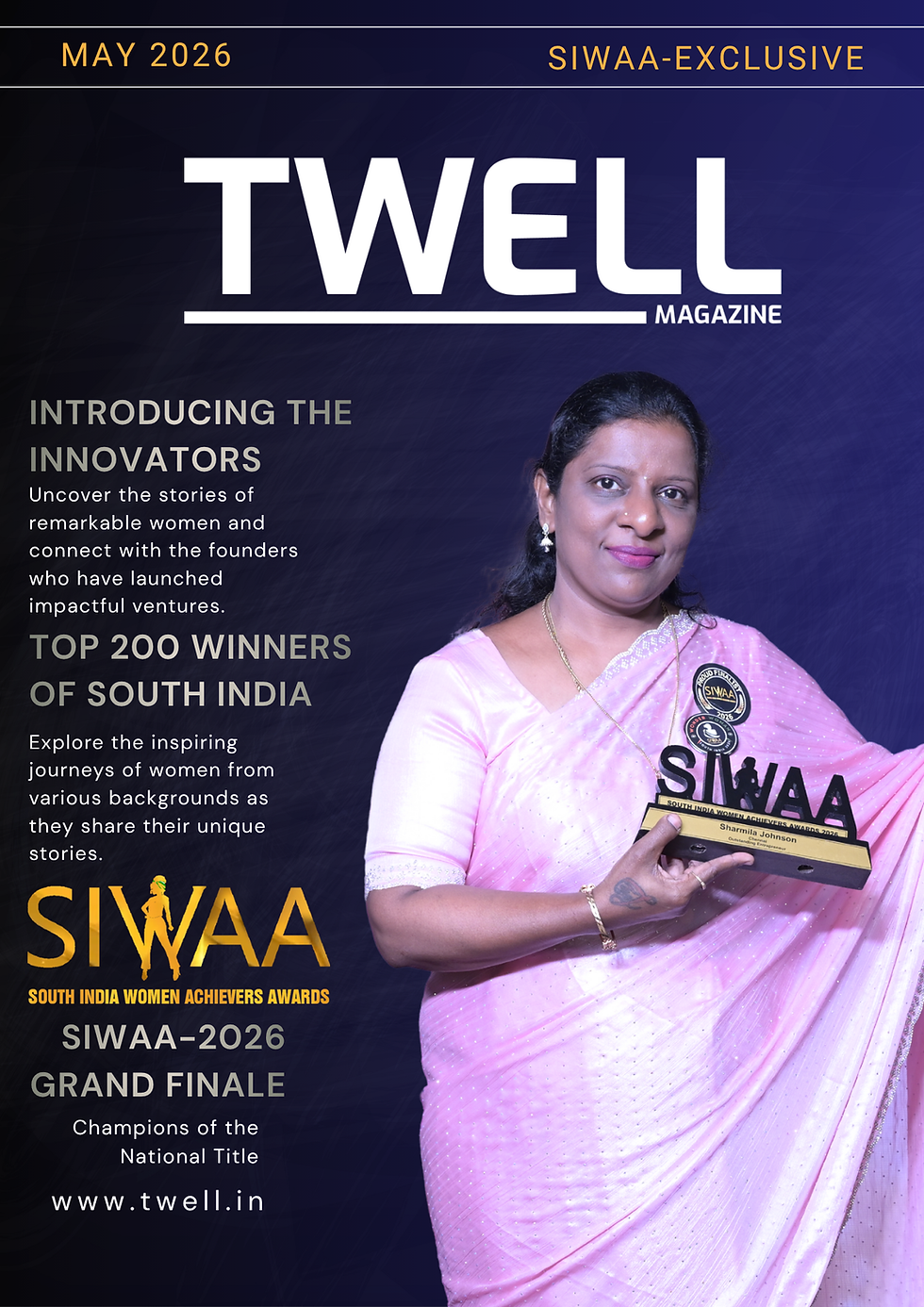 Sharmila Johnson holding the SIWAA 2026 Outstanding Entrepreneur award trophy on stage.