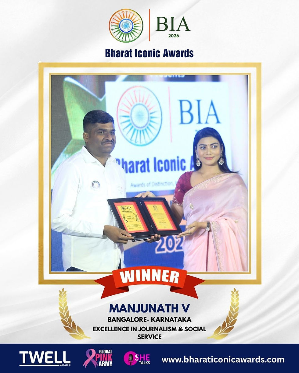 Manjunath V honored for excellence in journalism and social service at Bharat Iconic Awards 2026.