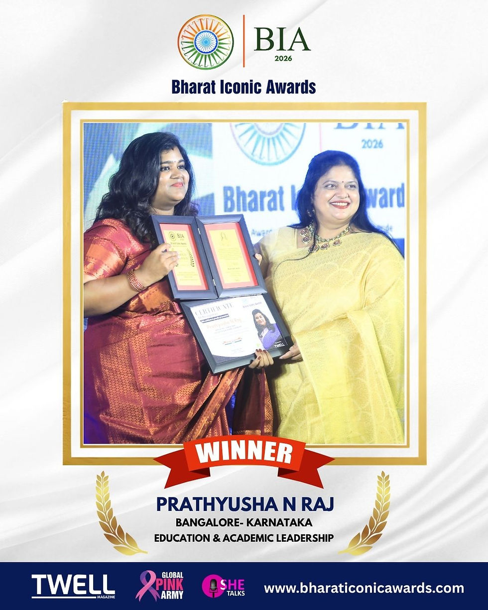 Prathyusha N Raj honored for Education and Mental Health Leadership at Bharat Iconic Awards 2026.