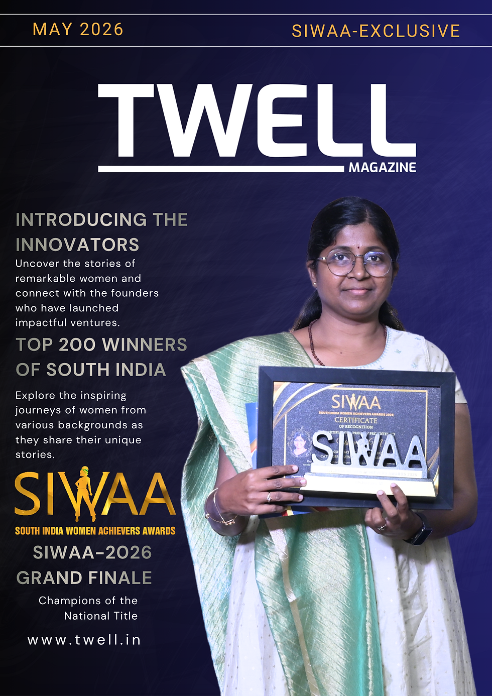 Usharani M holding the SIWAA 2026 Outstanding Entrepreneur award trophy on stage.