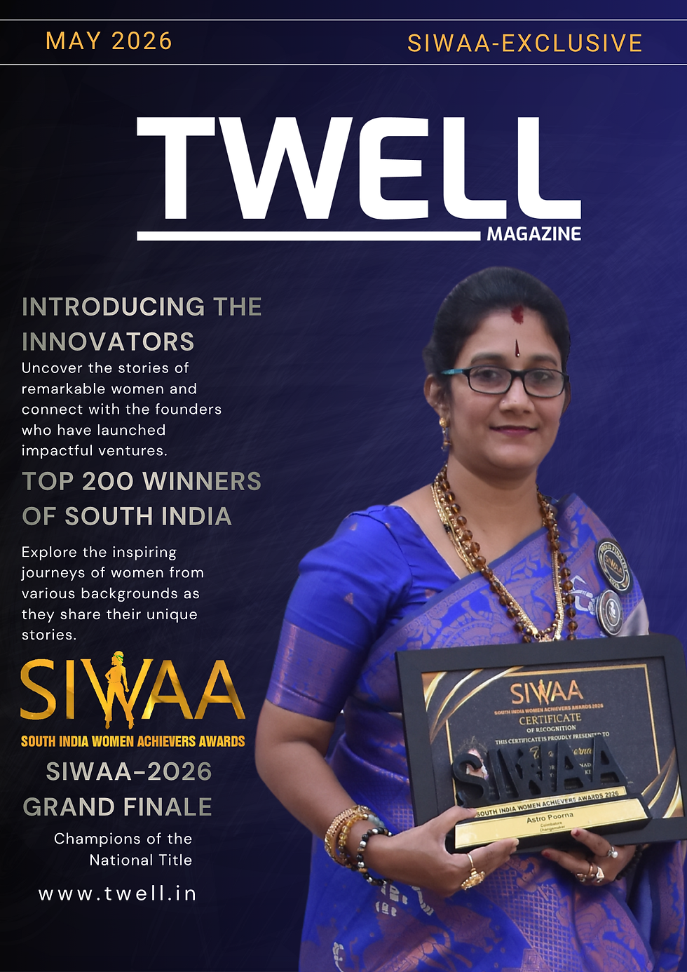 Astro Poorna holding the SIWAA 2026 Changemaker award trophy on stage.