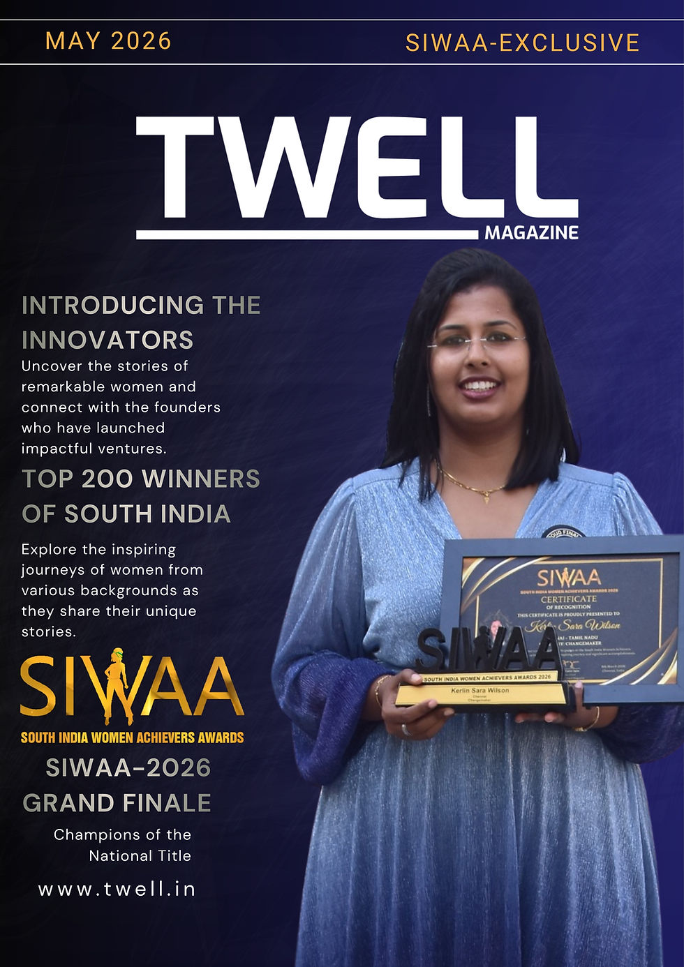 Kerlin Sara Wilson holding the SIWAA 2026 Changemaker award trophy on stage.