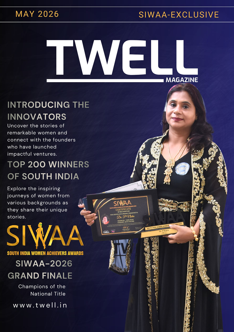 Dr. P Nisha holding the SIWAA 2026 Art & Culture award trophy on stage.