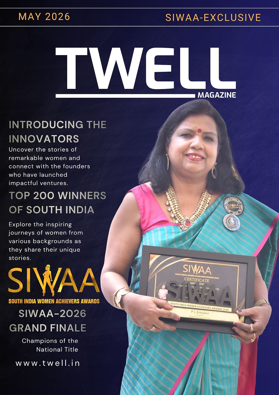 P L Sreedevi receiving SIWAA 2026 Excellence in Social Service Award for contributions to handicraft promotion, artisan empowerment, and cultural heritage preservation.