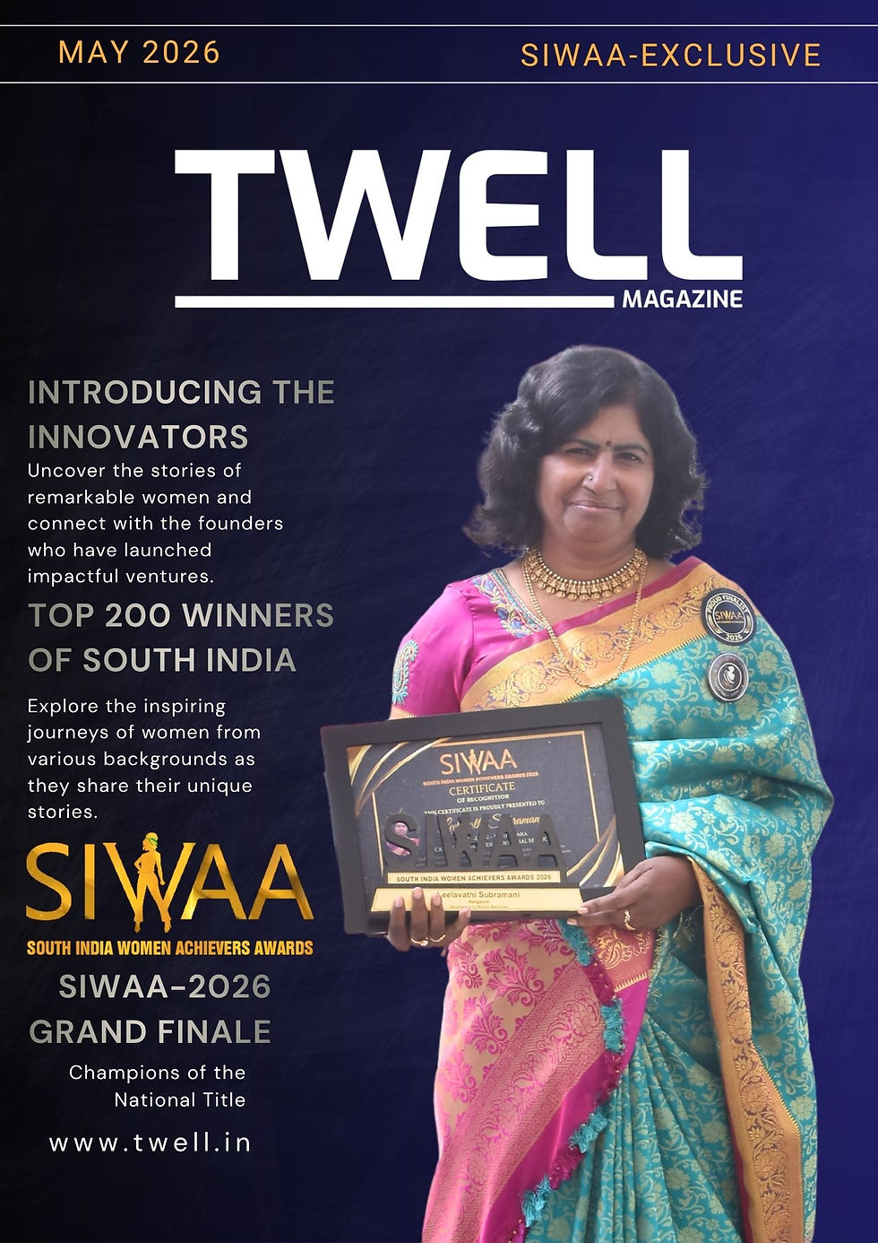 Leelavathi Subramani receiving SIWAA 2026 Excellence in Social Service Award for contributions to grassroots leadership, women's empowerment, and social justice.