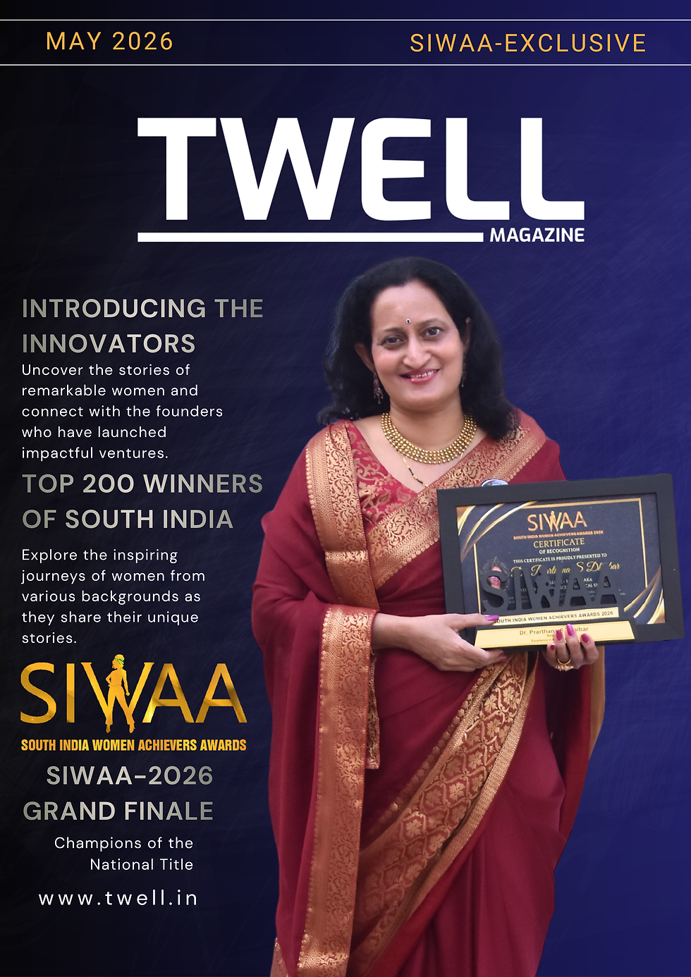 Dr. Prarthana S Dhaibar holding the SIWAA 2026 Medical Excellence award trophy on stage.