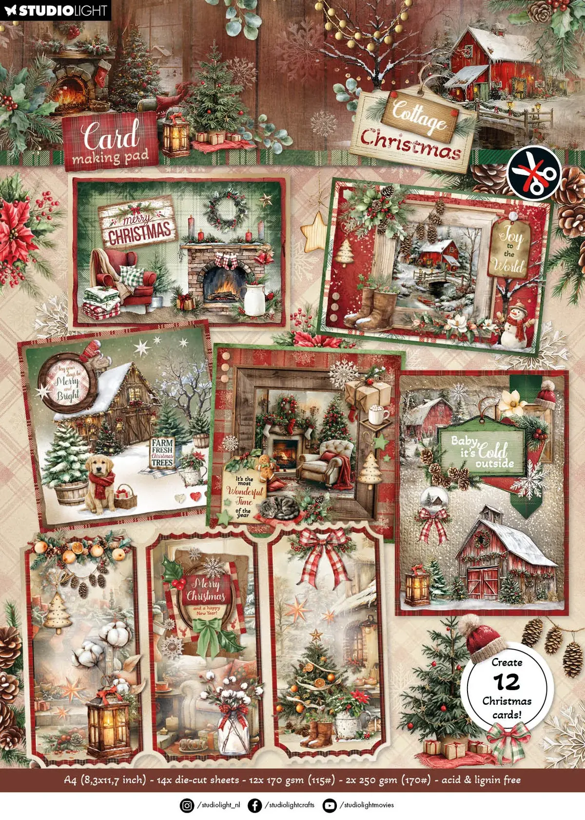 Studio Light Card Making Pad For Creating 12 Cards Cottage Christmas 14 Sheets