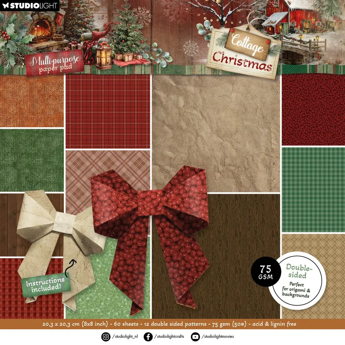 Studio Light Multi-Purpose Paper Pad Origami & Backgrounds Cottage Christmas 60