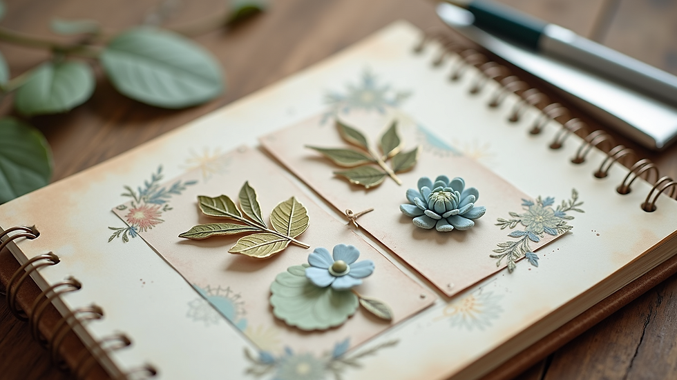 High angle view of a scrapbook page showing three grouped embellishments