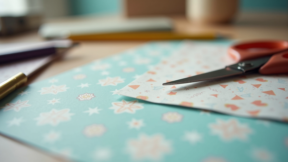 Close-up of scrapbook tools including scissors, pens, and patterned paper