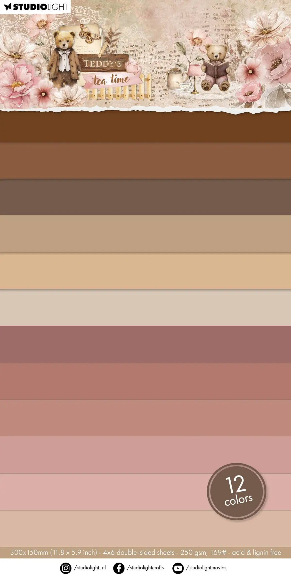Studio Light Uni Paper Pad 12 Colors Teddy's Tea Time 24 Sheets