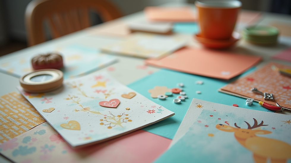 High angle view of colorful patterned papers and embellishments spread out on a table