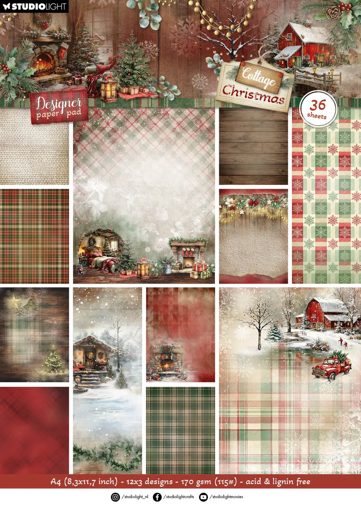 Studio Light Designer Paper Pad Background Paper Cottage Christmas 36 Sheets