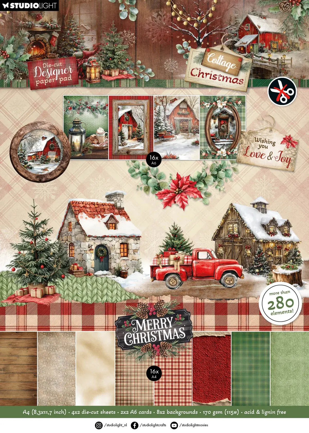 Studio Light Die-Cut Designer Paper Pad DIY Paper Cottage Christmas 28 Sheets