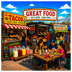 Food vendors serving tacos, barbecue, snacks, drinks, and family favorites at the Kern County Swap Meet in Bakersfield.