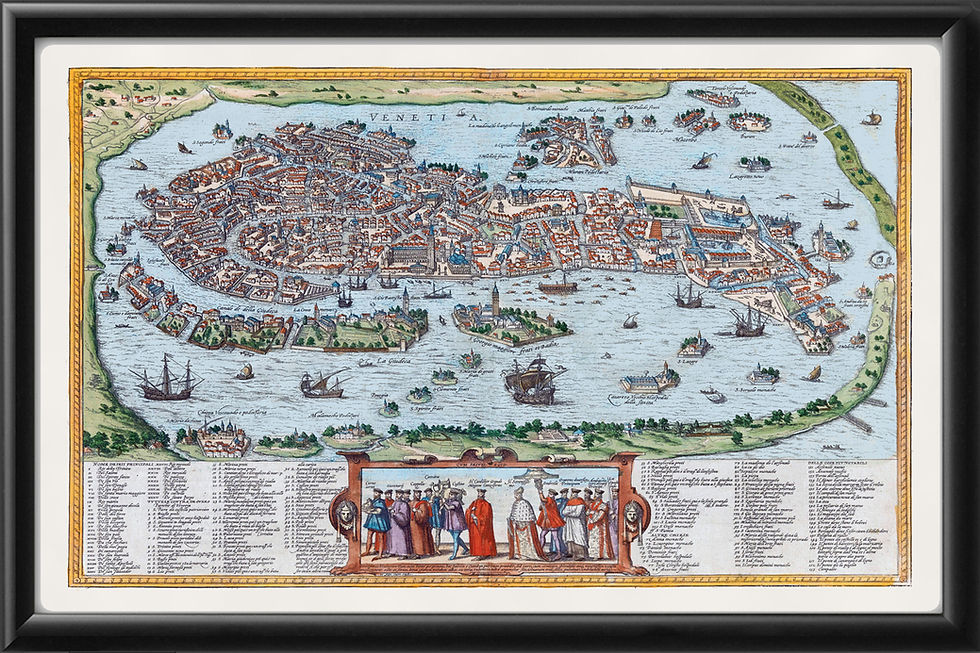 Hand-drawn Renaissance map of Venice showing the island city surrounded by lagoon, with "Venetia" across the top and the Doge leading members of the Signoria in a ceremonial procession below. The map illustrates how densely populated and geographically isolated Venice was during the Great Plague of 1575–1576.