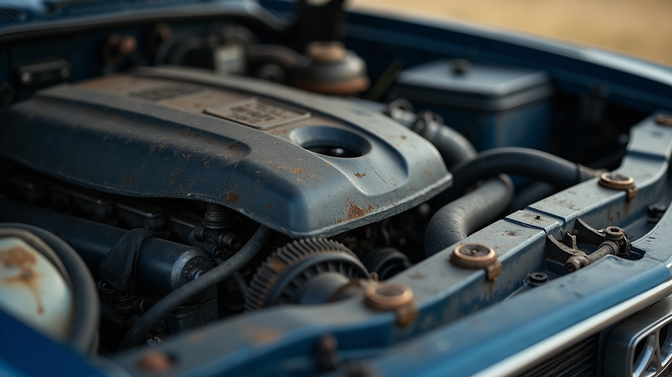 Close-up view of a car engine showing signs of wear and tear