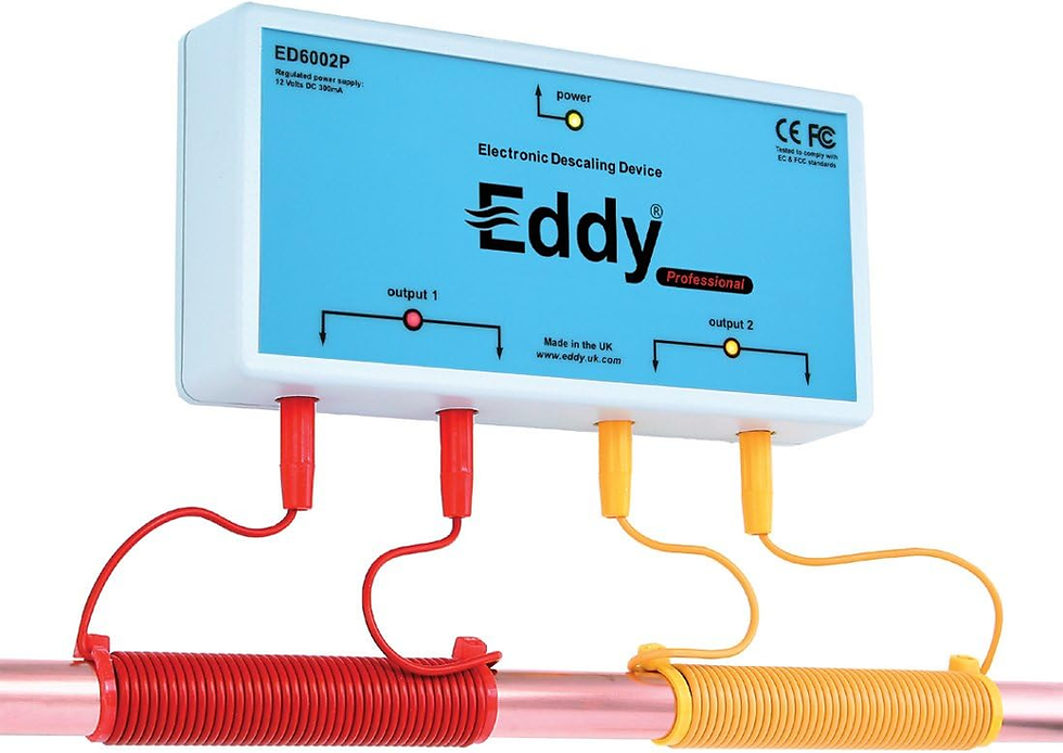 Electronic water descaling device, Eddy Professional ED6002P, shown installed on a pipe, designed to reduce limescale build-up using electromagnetic waves.