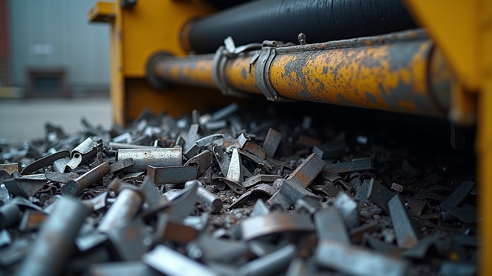 close-up view of hydraulic scrap baler pressing metal scrap