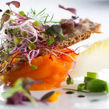 Appetitlicher Karottenaufstrich mit Knäckebrot und Sprossen