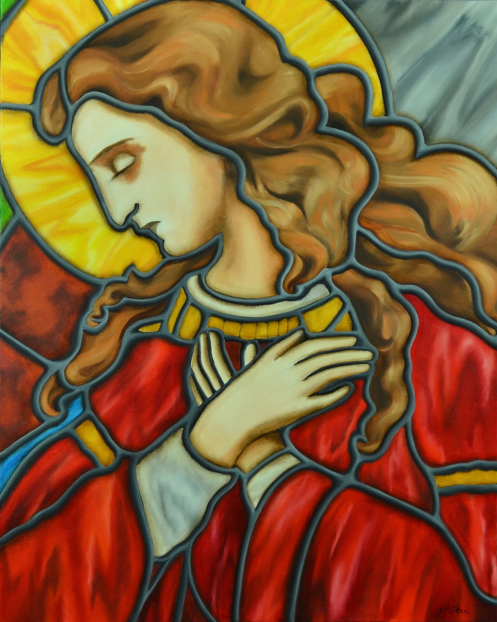 Oil painting of a Lady in Red by JS Aitken in style of stained glass