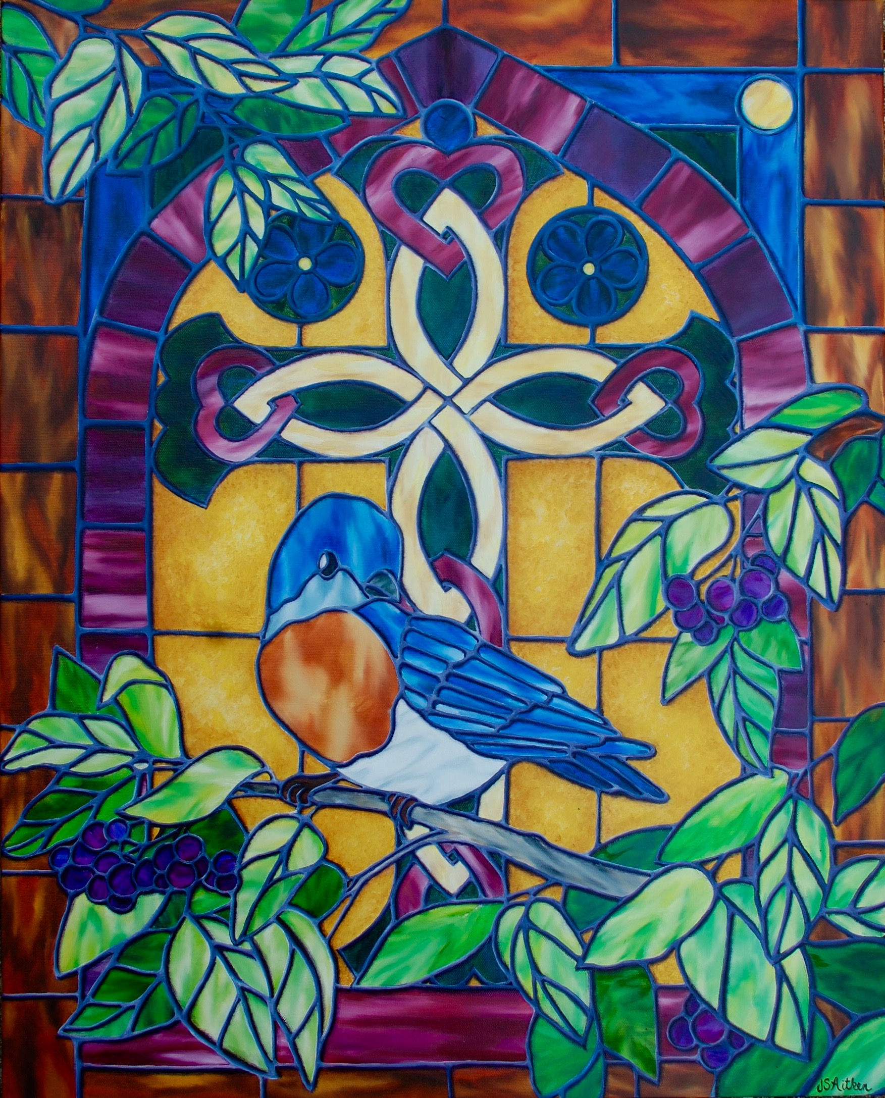 Oil painting of a bluebird in front of a stained glass window by JS Aitken in style of stained glass