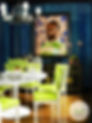 Dining room draped in a striated wall covering in multiple shades of deep blue with plain oak floors. There is a white lacquer tulip dining table surrounded by a traditional style chair covered in a glossy chartreuse vinyl or leather. A black and gold sideboard with an Asian influence sits on the back wall with a painting hung above it that is the inspiration for the entire space. It is a portrait of an African American man wearing a green striped sweater with a bit of a chartreuse t-shirt peeking out at the collar. The background is a cobalt blue covered in flowers and leaves in a gold tone. The overall feeling of the room is intimate in spite of the dramatic color palette.