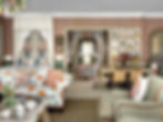This space is basically the setup for a whole apartment including a living area in the foreground, a dining area and bed in the midground, and a dressing room in the another small room in the background. The room is filled with patterns and textures, but the palette is fairly restrained. It is primarily red, tan and blue with some yellow and persimmon thrown in. The living area houses a rustic coffee table, a sofa covered in a large-scale pomegranate print and a striped chair. The dining table is the same tone wood as the coffee table and is surrounded by chairs in the pomegranate print and some in the same print as the wallcovering, but in a yellow color. The wallcovering appears to be a block print fabric with a red background instead of yellow. The bed has Kit Kemps signature tall headboard and is covered in a print with some flowers and coral that create a stripe effect on a tan background. In the back room there is a dressing table draped in the same block print as the walls. The walls of the dressing room are covered in what looks like a vintage print of English garden roses. The groupings of roses create a stripe effect down the fabric which has a tan background. Some quirky art and a chandelier made of multicolored glass tiles rounds out the room. The overall feeling is like a cozy but eccentric cottage.