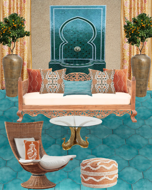 Patio design with carved teak daybed in spiced oranges and teals.