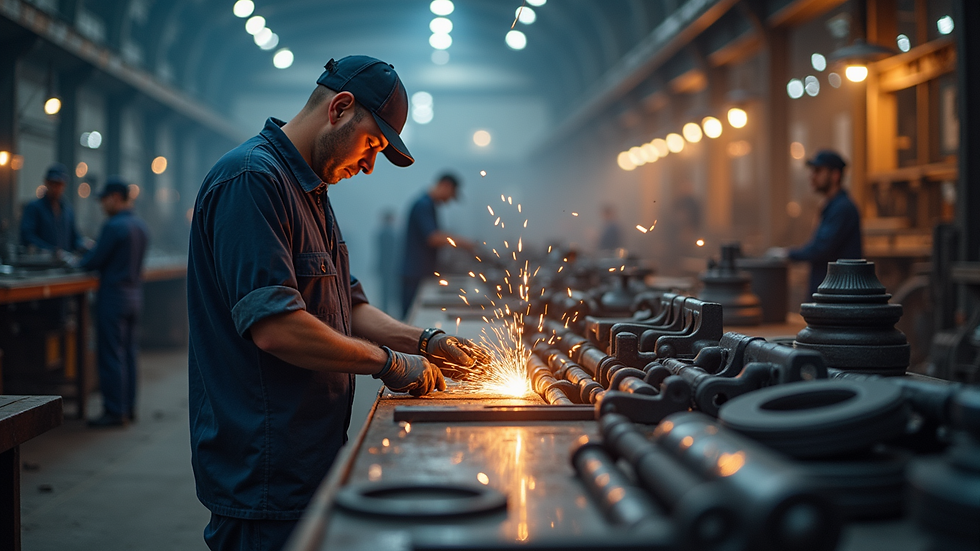 Eye-level view of a steel fabrication workshop with workers inspecting metal parts