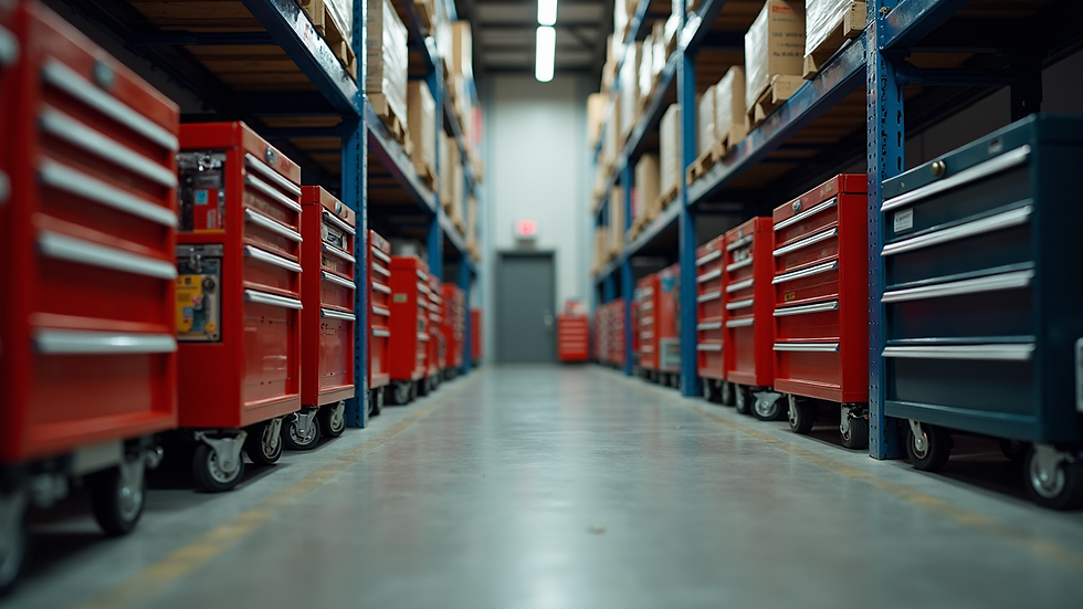 Eye-level view of organized toolboxes and shelves in a dry storage room