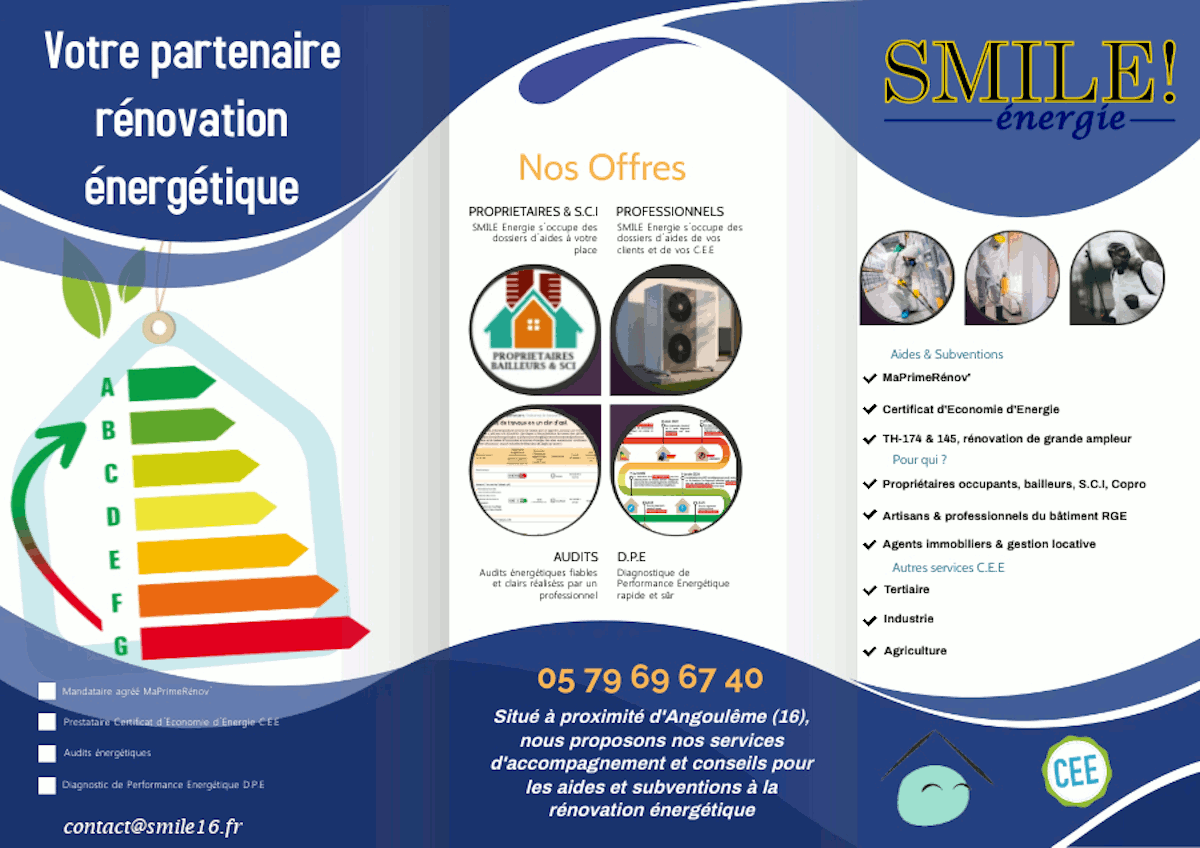 SMILE Energie Rénovation énergtique à Angoulême Charente aides & subventions MaPrimeRénov' isolation pompe à chaleur PAC menuiseries ventilation SCI CEE