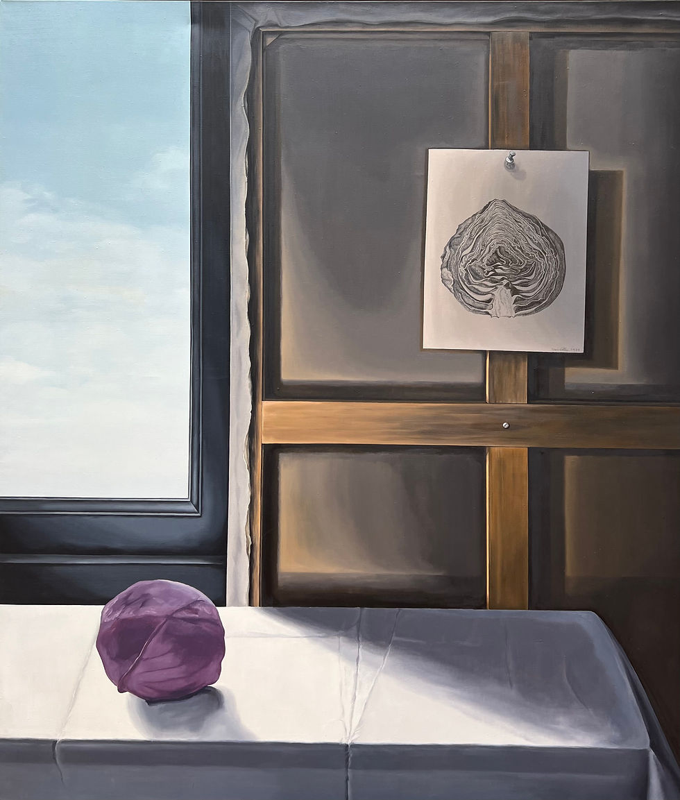 13. Interior with Cabbage, 1979, oil on canvas, signed and dated verso, 48 x 42 inches, exhibited: 1) An Exhibition of Recent Paintings by Marina Stern, Forum Gallery, New York, NY, February 13 to March 6, 1982, no. 2 (label verso) (see Marina Stern, New York Times, February 19, 1982 “one turns . . . to a couple of indoor paintings, such as Interior with Cabbage, in which Miss Stern skillfully plays off a 'real' purple cabbage on a white tablecloth with a black and white drawing of one pinned up on a canvas stretcher . . . .”); 2) Marina Stern American Precisionist Painter, Santa Fe East Galleries, Santa Fe, NM, November 2 to 20, 1984, and 3) Perception and the Cultural Environment – The Paintings of Marina Stern, Southern Alleghenies Museum of Art, Altoona, PA, January 19 to April 22, 2007