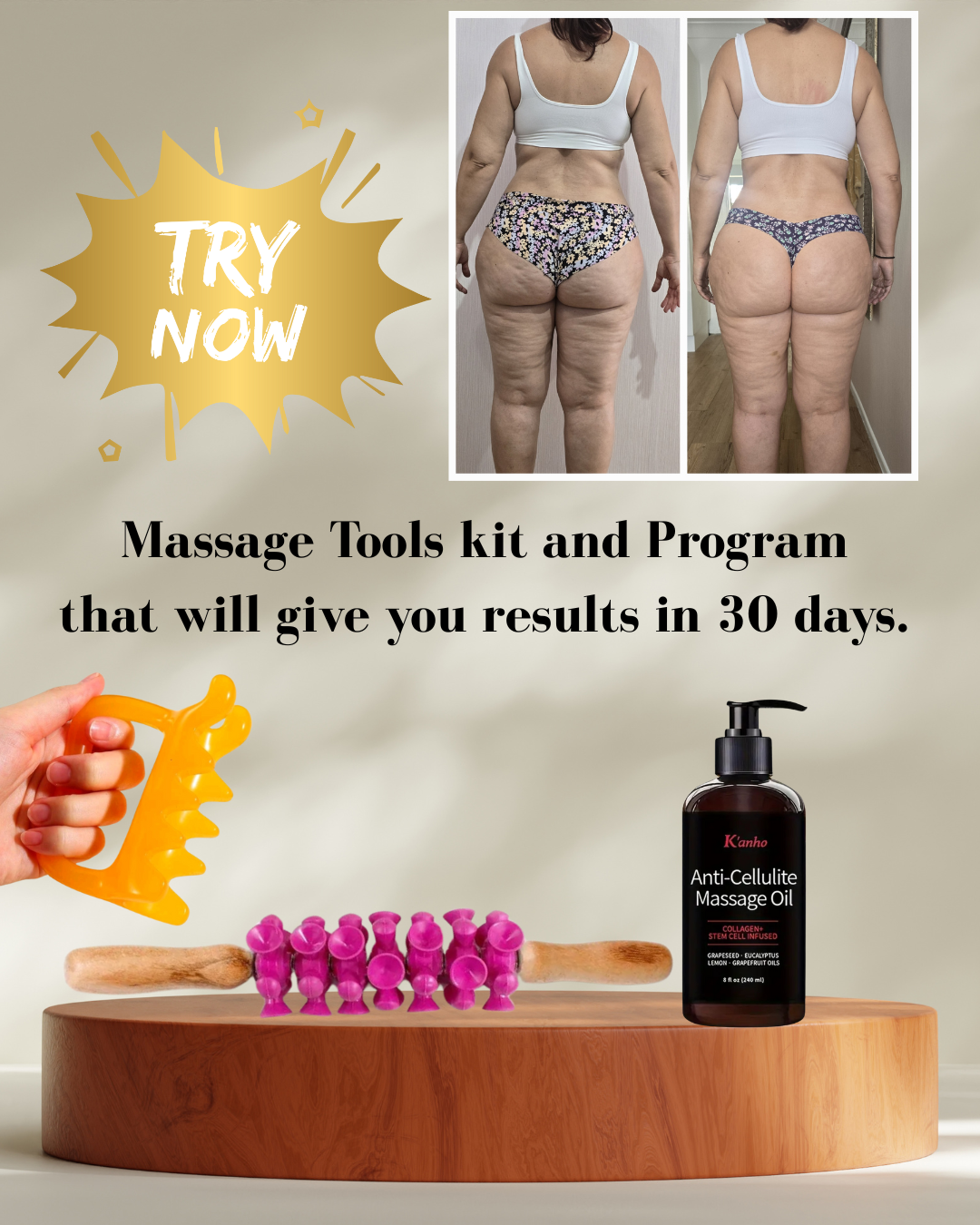 KIT 1 BOOSTER MASSAGE ROLLER+CELLULITE OIL + HAND HELD TOOL