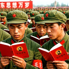 Gardes rouges lisant le Petit Livre rouge de Mao, image générée avec Gemini
